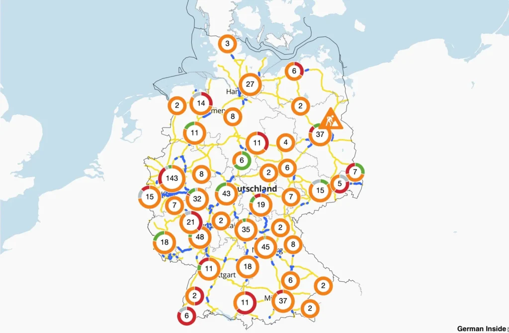 독일 아우토반의 공사현장과 폐쇠를 알려주는 지도