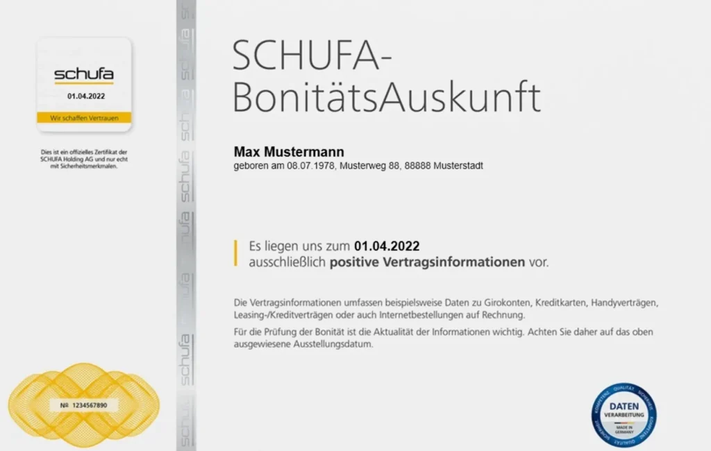 독일의 신용등급 증명서: Schufa-Bonitätsauskunft 예시